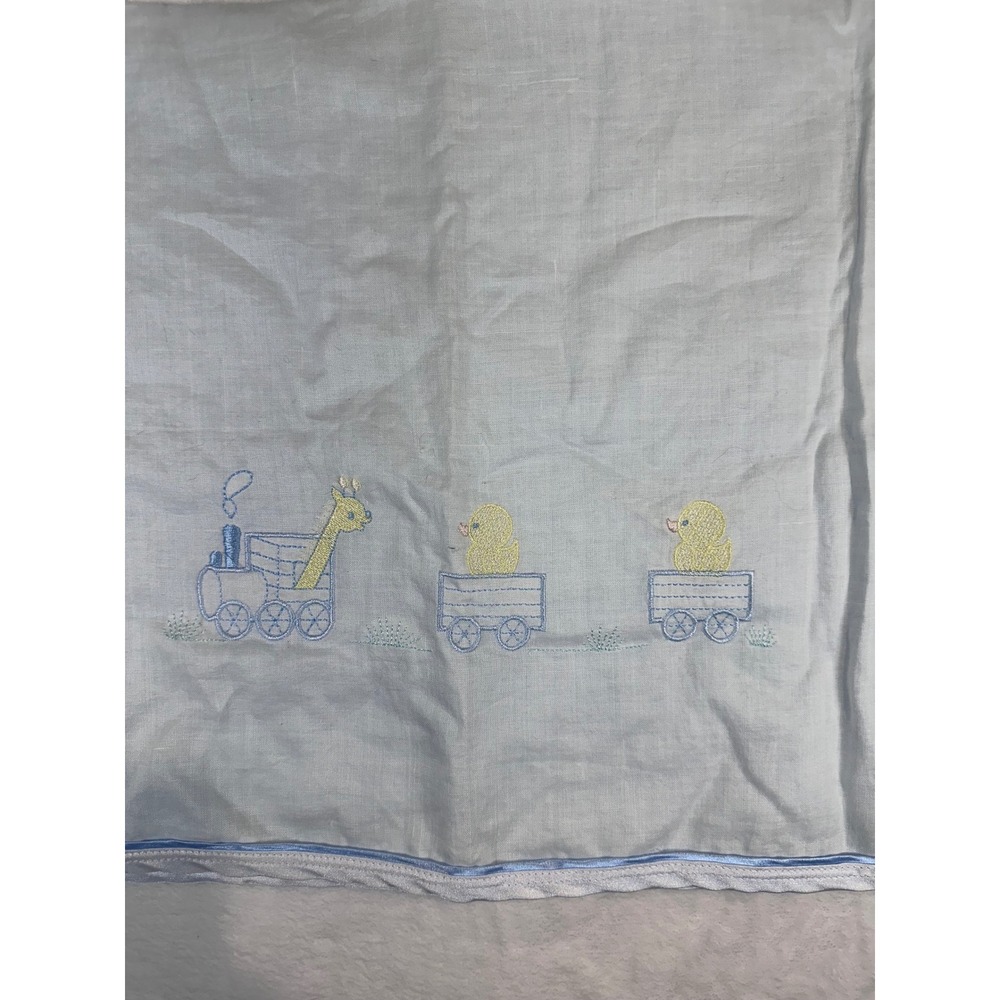 Will'beth Baby Blanket Blue Linen Embroidered Train Giraffe Duck Heirloom Kids